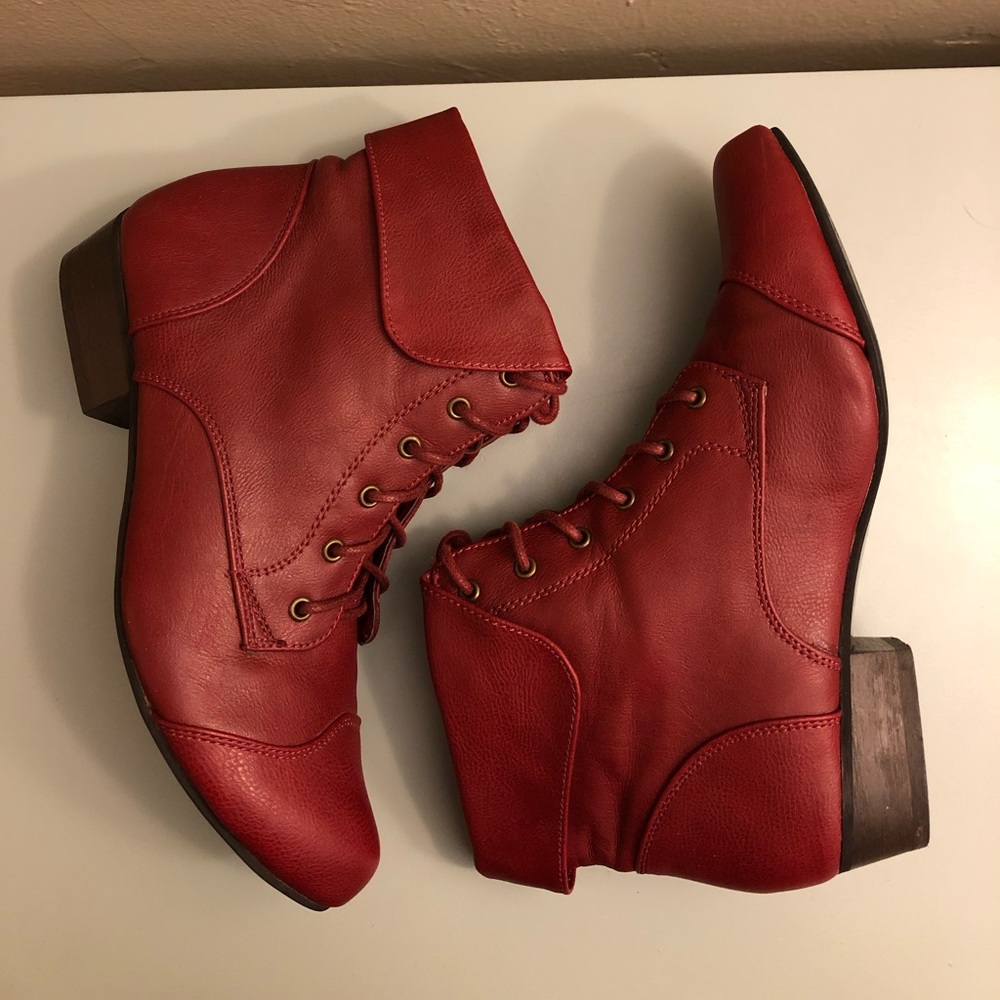 Bright red fold over ankle booties